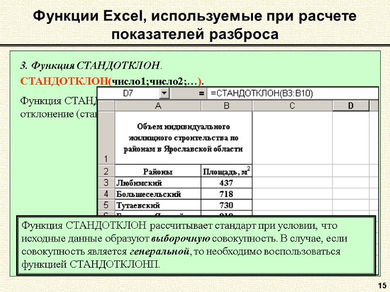 15 Функции Excel, используемые при расчете показателей разброса 3. Функция СТАНДОТКЛОН.  СТАНДОТКЛОН(число1;число2;…). 